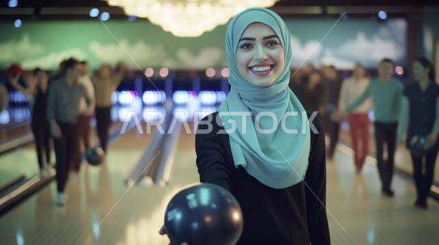 Practicing bowling, recreational sports activities, a veiled Saudi Gulf Arab woman playing bowling (kardha) in recreational places, spending enjoyable times, the concept of amusement and entertainment