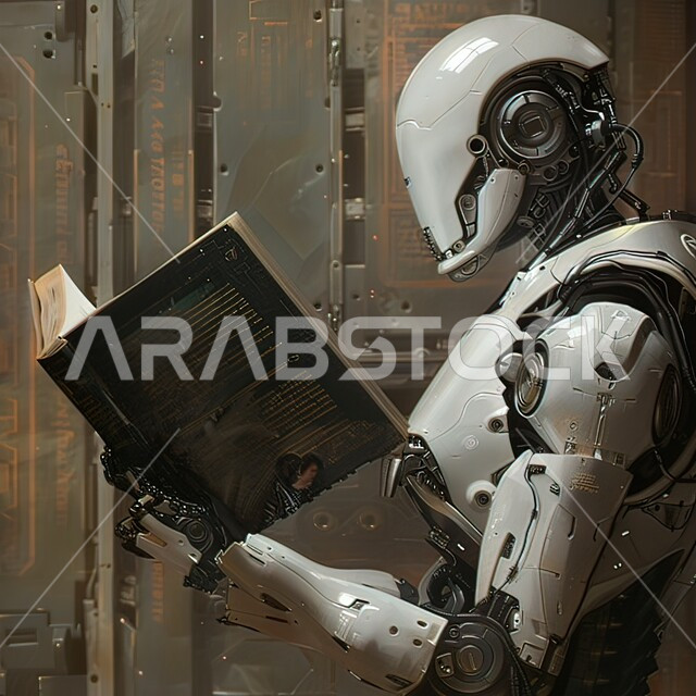 Technological development and progress, integrating robots into projects that stimulate reading, a close-up image from the side of a robot reading a book in a museum, 3D designs for a future Renaissance robot
