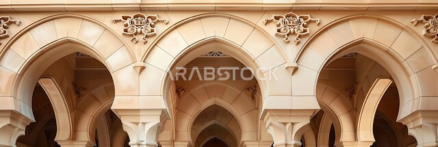 Authenticity, heritage and nobility in the Kingdom of Saudi Arabia, ancient-style architectural art, heritage decorations, designs and ornaments, close-up pictures of the ornate arches of luxurious Islamic buildings