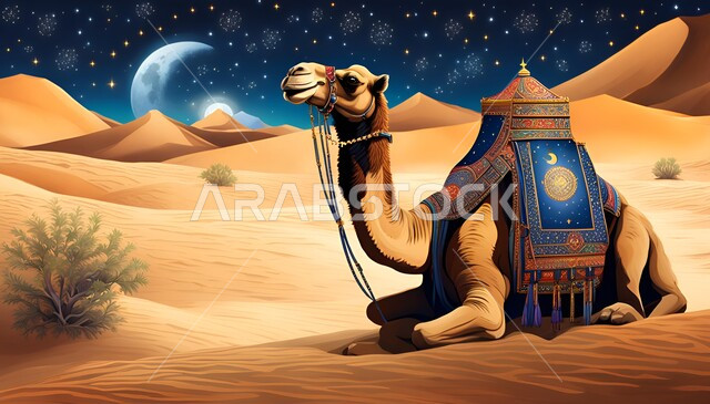 حيوان الجمل في الصحراء يجلس على الرمال الذهبية الناعمة، محميات طبيعية برية للعناية بالجمال والابل في المناطق الصحراوية في المملكة العربية السعودية, السماء المليئة بالنجوم المضيئة في شهر رمضان المبارك