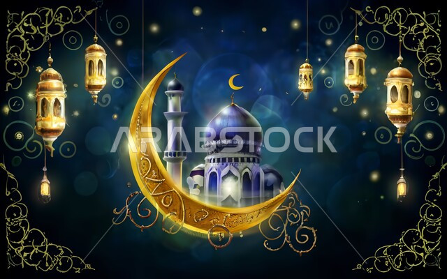 استعداد المسلمين لاستقبال رمضان المبارك, ديكورات وتحف وزينة شهر الخير, فوانيس معدينة متوهجة للاحتفال بالأعياد والمناسبات الدينية, أجواء وأنوار روحانية رمضانية, خلفية اسلامية