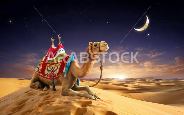 حيوان الجمل في الصحراء اثناء الغروب، محميات طبيعية برية للعناية بالجمال والابل في المناطق الصحراوية، مفهوم الاهتمام بتربية الجمال ورعاية المواشي والثدييات في المملكة العربية السعودية