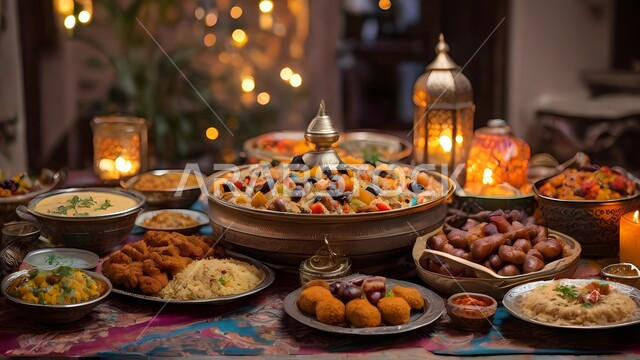 Eastern Arabic food, decorations, lights and lanterns to celebrate the coming of the month of goodness, a table full of delicious dishes and appetizers, breakfast for the fasting person in the blessed Ramadan, an enjoyable Ramadan atmosphere