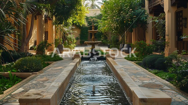 نافورة مياه على الطراز القديم التراثي في فناء أحد الحدائق التقليدية في المملكة العربية السعودية, الاهتمام في زراعه النباتات و الاشجار في المساحات الخضراء الواسعه, الاستمتاع بالمناظر الطبيعيه المتميزة, مفهوم حب الهدوء والاسترخاء