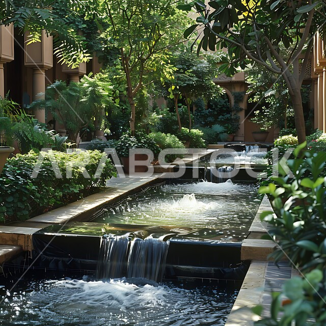 Interest in planting plants and trees in wide green spaces, an artificial flat waterfall in the courtyard of one of the traditional gardens in the Kingdom of Saudi Arabia, the concept of loving calm and relaxation, enjoying the distinctive natural scenery