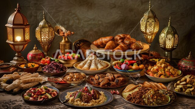 أجواء شهر رمضان المبارك، أصناف الأطباق والمقبلات العربية الشرقية اللذيذة، سفرة من المأكولات الشعبية التقليدية الشهية، المطاعم والمطابخ في المملكة العربية السعودية، طاولة طعام مليئة بالوجبات المتنوعة الرمضانية، زينة الأعياد والمناسبات الإسلامية