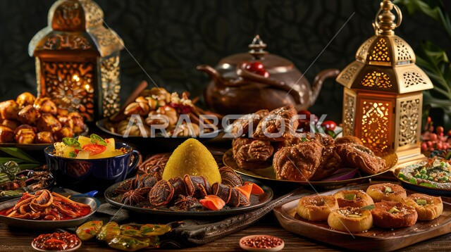 أجواء شهر رمضان المبارك، أصناف الأطباق والمقبلات العربية الشرقية اللذيذة، سفرة من المأكولات الشعبية التقليدية الشهية، المطاعم والمطابخ في المملكة العربية السعودية، طاولة طعام مليئة بالوجبات المتنوعة الرمضانية، زينة الأعياد والمناسبات الإسلامية