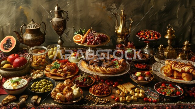 أجواء شهر رمضان المبارك، أصناف الأطباق والمقبلات العربية الشرقية اللذيذة، سفرة من المأكولات الشعبية التقليدية الشهية، المطاعم والمطابخ في المملكة العربية السعودية، طاولة طعام مليئة بالوجبات المتنوعة الرمضانية، زينة الأعياد والمناسبات الإسلامية