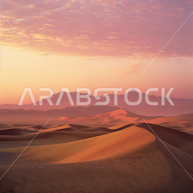 التكوينات والتشكلات الرملية في صحراء المملكة العربية السعودية، التضاريس و المرتفعات والقمم الجبلية في البراري، الهضاب و التلال من الرمال الناعمة في الربع الخالي، مناطق البادية والبيئة الطبيعية الصحراوية عند غروب الشمس، خلفية الطبيعة