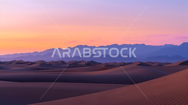 مناطق البادية والبيئة الطبيعية الصحراوية عند غروب الشمس، التكوينات والتشكلات الرملية في صحراء المملكة العربية السعودية، التضاريس و المرتفعات والقمم الجبلية في البراري، الهضاب و التلال من الرمال الناعمة في الربع الخالي، خلفية الطبيعة