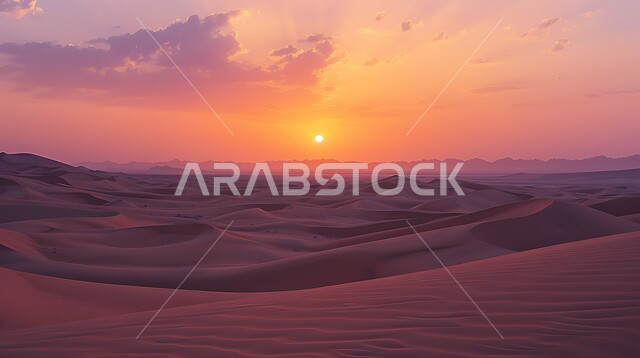التكوينات والتشكلات الرملية في صحراء المملكة العربية السعودية، التضاريس و المرتفعات والقمم الجبلية في البراري، الهضاب و التلال من الرمال الناعمة في الربع الخالي، مناطق البادية والبيئة الطبيعية الصحراوية عند غروب الشمس، خلفية الطبيعة