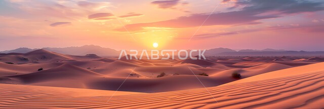 مناطق البادية والبيئة الطبيعية الصحراوية عند غروب الشمس، التكوينات والتشكلات الرملية في صحراء المملكة العربية السعودية، التضاريس و المرتفعات والقمم الجبلية في البراري، الهضاب و التلال من الرمال الناعمة في الربع الخالي، خلفية الطبيعة