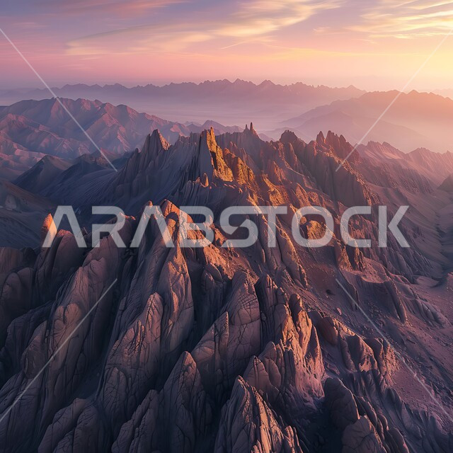  منظر الغيوم والسحب في السماء عند غروب الشمس فوق التضاريس الطبيعية والتكوينات والتشكلات الصخرية، صورة جوية لجبال تنومة في منطقة عسير، قمم ومرتفعات سلسلة السروات الجبلية، الأماكن والمناطق الطبيعية في المملكة العربية السعودية