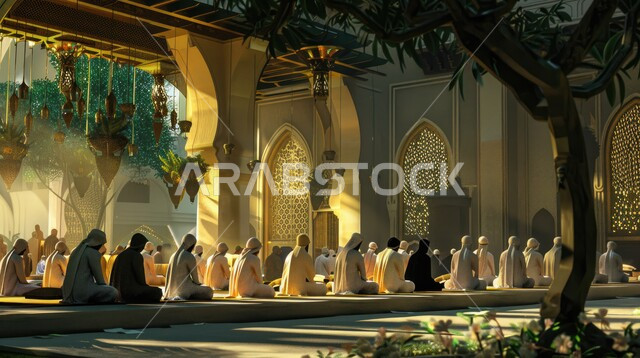 مجموعة من المسلمين يقومون بأداء العبادات والتقرب إلى الله تعالى داخل المسجد، الفن الهندسي المعماري للجوامع والمساجد على الطراز الاسلامي، الأجوار الروحانية الرمضانية