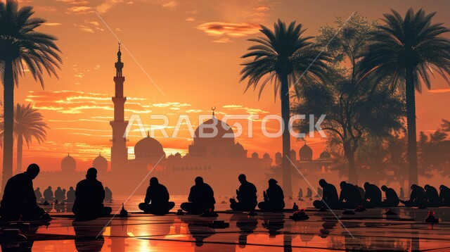 مجموعة من المسلمين يقومون بأداء العبادات والتقرب إلى الله تعالى في الفناء الخارجي للمسجد، الفن الهندسي المعماري للجوامع والمساجد على الطراز الاسلامي، الأجواء الروحانية الرمضانية، خلفية اسلامية في وقت غروب الشمس