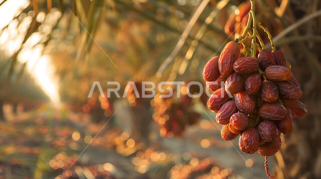 الاهتمام بالنباتات و الاشجار الخضراء المثمرة, محمية طبيعية لزراعة أشجار النخيل في المملكة العربية السعودية ,محاصيل و منتجات محلية زراعيه وطنية ,صورة مقربة لعنقود من حبات الرطب الطازج ,موسم القطاف و الحصاد