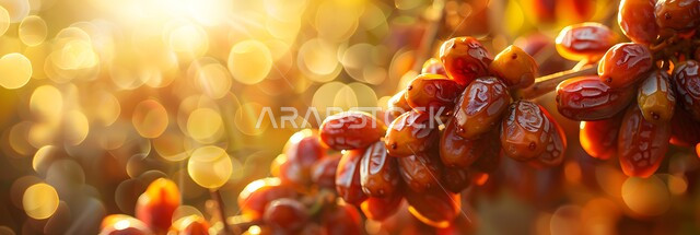 Picking and harvesting season, caring for green fruitful plants and trees, local and national agricultural crops and products, a natural reserve for growing palm trees in the Kingdom of Saudi Arabia, a close-up panoramic photo of a bunch of fresh dates