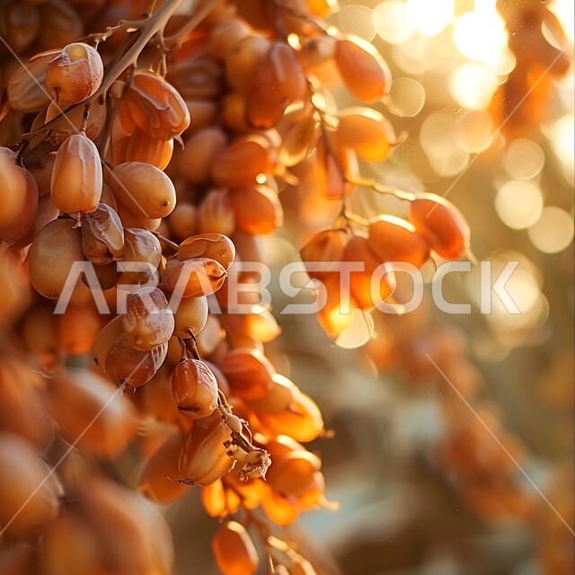 محمية طبيعية لزراعة أشجار النخيل في المملكة العربية السعودية، الاهتمام بالاشجار والنباتات الخضراء المثمرة, منتجات ومحاصيل زراعيه محلية وطنية ,موسم الحصاد والقطاف، صورة مقربة لعنقود من حبات الرطب الطازج