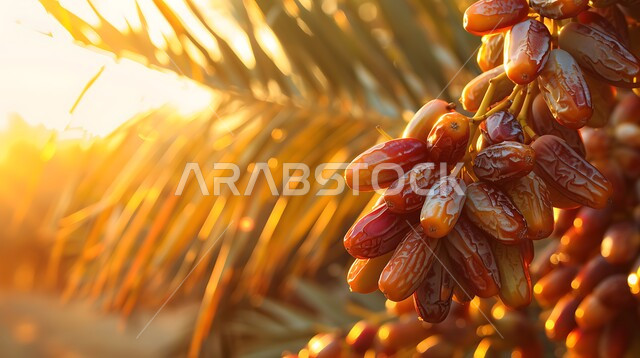 موسم الحصاد والقطاف، محمية طبيعية لزراعة أشجار النخيل في المملكة العربية السعودية، صورة مقربة لعناقيد حبات الرطب الطازجة وقت غروب الشمس، الاهتمام بالاشجار والنباتات الخضراء المثمرة، منتجات ومحاصيل زراعيه محلية وطنية