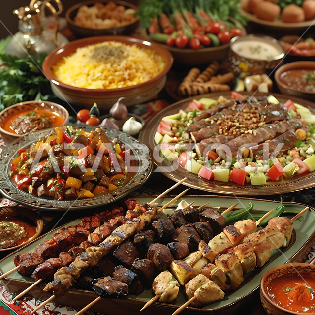 Delicious oriental Arabic dishes, varieties and appetizers, a meal of delicious traditional popular food, restaurants and kitchens in the Kingdom of Saudi Arabia, a dining table full of various meals.