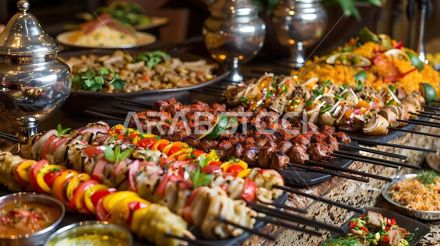 المطاعم والمطابخ في المملكة العربية السعودية، طاولة طعام مليئة بالوجبات المتنوعة الرمضانية، الأصناف و الأطباق والمقبلات العربية الشرقية اللذيذة، سفرة من المأكولات الشعبية التقليدية الشهية، أجواء شهر رمضان المبارك، زينة الأعياد والمناسبات الإسلامية