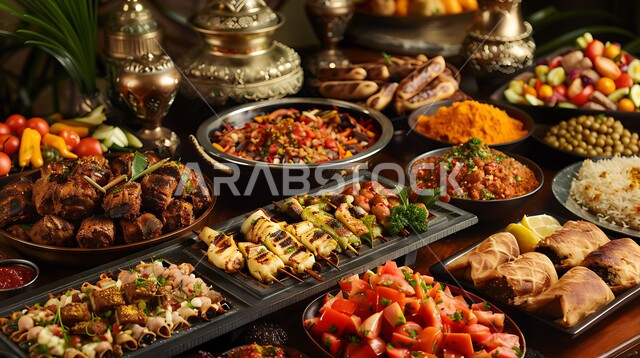 A dining table full of various Ramadan meals, delicious oriental Arabic dishes, dishes and appetizers, a meal of delicious traditional popular food, the atmosphere of the holy month of Ramadan, restaurants and kitchens in the Kingdom of Saudi Arabia, decorations for holidays and Islamic occasions.