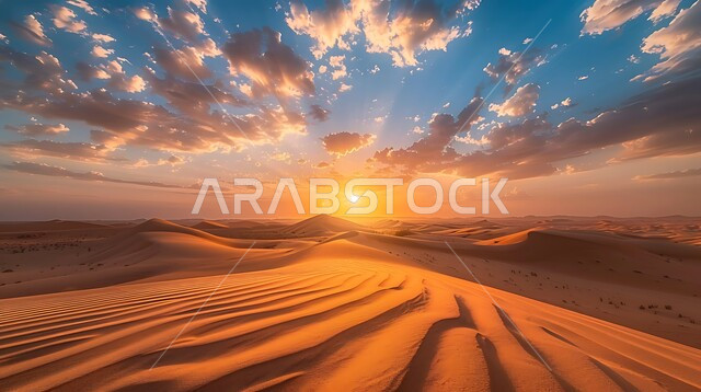 مناطق البادية والبيئة الطبيعية الصحراوية وقت غروب الشمس, التكوينات والتشكلات الرملية في صحراء المملكة العربية السعودية، التضاريس و المرتفعات والقمم الجبلية في البراري، الهضاب و التلال من الرمال الناعمة الذهبية، خلفية الطبيعة