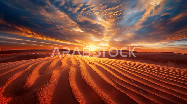  التكوينات والتشكلات الرملية في صحراء المملكة العربية السعودية، التضاريس و المرتفعات والقمم الجبلية في البراري، مناطق البادية والبيئة الطبيعية الصحراوية وقت غروب الشمس, الهضاب و التلال من الرمال الناعمة الذهبية، خلفية الطبيعة