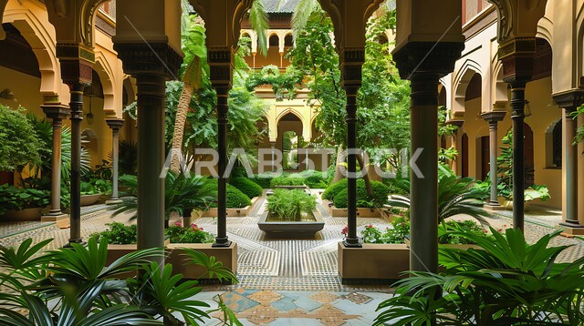  الهندسة الفنية على الطراز التقليدي, النباتات الخضراء المزروعة في الأماكن السكنية, التصاميم الهندسية المعمارية, الاستمتاع بالأجواء الهادئة والمساحات الخضراء, الديكورات الراقية لحدائق وفناء البيوت الخارجي في المملكة العربية السعودية