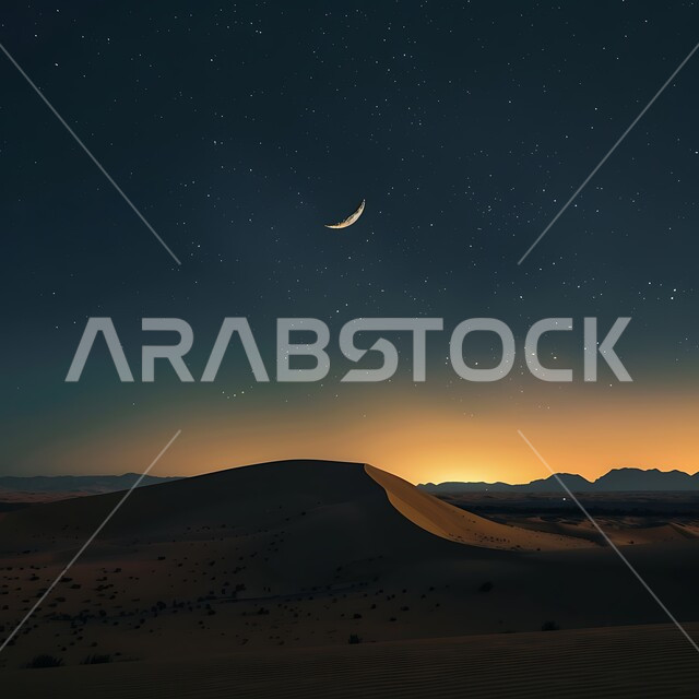 الهضاب و التلال الرملية المرتفعة في وسط الصحراء, منظر السماء وقت غروب الشمس, الاستمتاع بالمناظر الطبيعيه , مناطق البادية والبيئة الصحراوية في المملكة العربية السعودية, مفهوم التأمل والاسترخاء و الهدوء