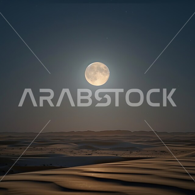 منظر السماء مع القمر بدرا في وقت الليل, مفهوم التأمل والاسترخاء و الهدوء ,مناطق البادية والبيئة الصحراوية في المملكة العربية السعودية, الرمال الناعمة الذهبية وسط الصحراء