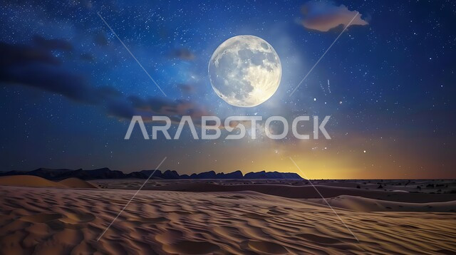 الرمال الناعمة الذهبية وسط الصحراء ,منظر السماء المليئة بالنجوم اللامعة المتلألأة مع القمر بدرا في وقت غروب الشمس, مفهوم التأمل والاسترخاء و الهدوء ,مناطق البادية والبيئة الصحراوية في المملكة العربية السعودية