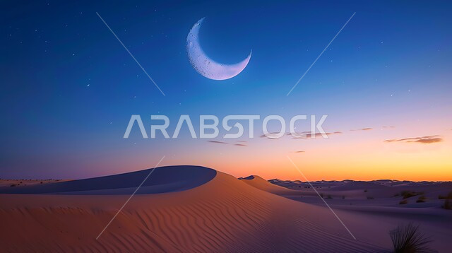 التلال والهضاب الرملية المرتفعة في وسط الصحراء, منظر السماء وقت غروب الشمس, الاستمتاع بالمناظر الطبيعيه , مناطق البادية والبيئة الصحراوية في المملكة العربية السعودية, مفهوم التأمل والاسترخاء و الهدوء