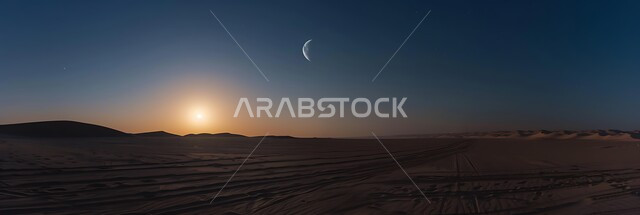 مفهوم التأمل والاسترخاء و الهدوء ,مناطق البادية والبيئة الصحراوية في المملكة العربية السعودية, صورة بانورامية لمنظر السماء وقت غروب الشمس, الرمال الذهبية الناعمة وسط الصحراء
