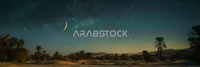 مناطق البادية والبيئة الصحراوية في المملكة العربية السعودية, صورة بانورامية لمنظر السماء المليئة بالنجوم اللامعة المتلألأة, الاهتمام في التشجير وزراعة النباتات الخضراء, التكوينات والتشكيلات الصخرية وسط الصحراء في وقت الليل, مفهوم التأمل والاسترخاء و الهدوء