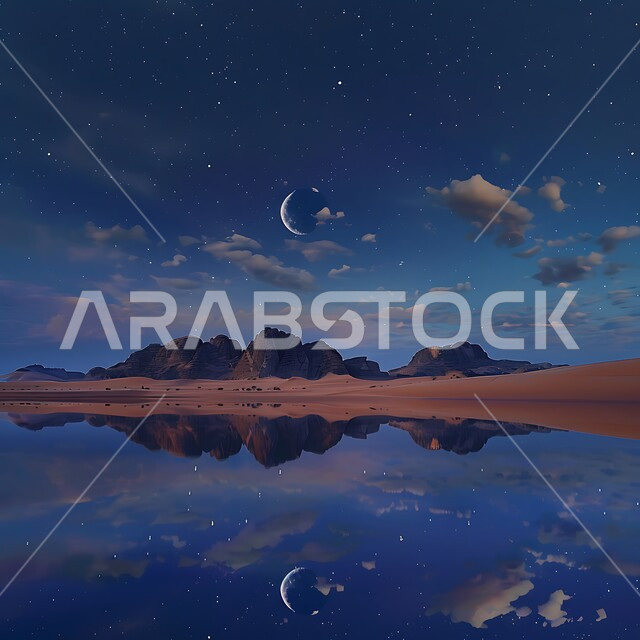 منظر السماء المليئة بالنجوم اللامعة المتلألأة, انعكاس ضوء القمر والمناظر الطبيعيه على بحيرة ماء صغيرة وسط الصحراء, التكوينات والتشكيلات الصخرية في وقت الليل, مناطق البادية والبيئة الصحراوية في المملكة العربية السعودية, مفهوم التأمل والاسترخاء و الهدوء