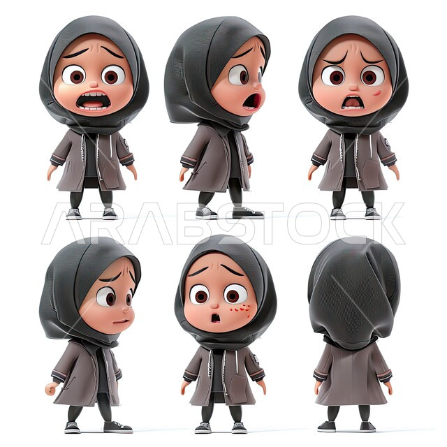 إيماءات وحركات مختلفة، تعابير وجه وجسد متعددة، رسوم توضيحية ثلاثية الأبعاد لامرأة عربية خليجية سعودية محجبة، خلفية بيضاء