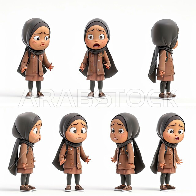 رسوم توضيحية ثلاثية الأبعاد لامرأة عربية خليجية سعودية محجبة بإيماءات مختلفة، تعابير وجه وجسد متعددة، خلفية بيضاء