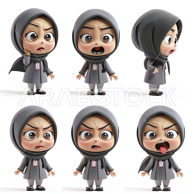 تعابير وجه وجسد متعددة، رسوم توضيحية ثلاثية الأبعاد لامرأة عربية خليجية سعودية محجبة بإيماءات مختلفة، خلفية بيضاء