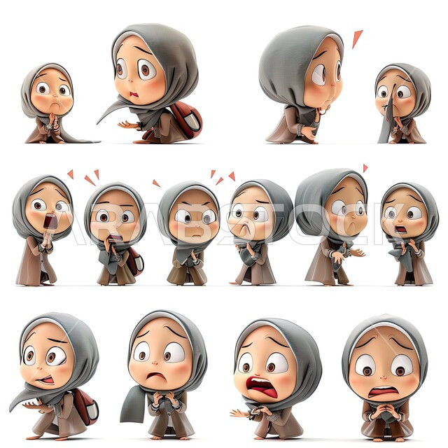 حركات وإيماءات مختلفة، تعابير وجه وجسد متعددة، رسوم توضيحية ثلاثية الأبعاد لامرأة عربية خليجية سعودية محجبة، خلفية بيضاء