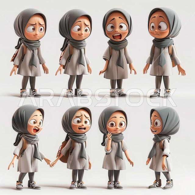 3D illustrations of a veiled Saudi Gulf Arab woman with different gestures, multiple facial and body expressions, white background.
