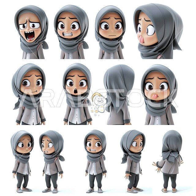 تعابير وجه وجسد متعددة، رسوم توضيحية ثلاثية الأبعاد لامرأة عربية خليجية سعودية محجبة بإيماءات مختلفة، خلفية بيضاء