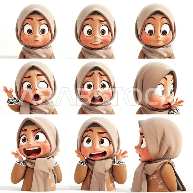 حركات وإيماءات مختلفة، تعابير وجه وجسد متعددة، رسوم توضيحية ثلاثية الأبعاد لامرأة عربية خليجية سعودية محجبة، خلفية بيضاء