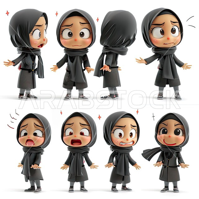 تعابير وجه وجسد متعددة، رسوم توضيحية ثلاثية الأبعاد لامرأة عربية خليجية سعودية محجبة بإيماءات مختلفة، خلفية بيضاء