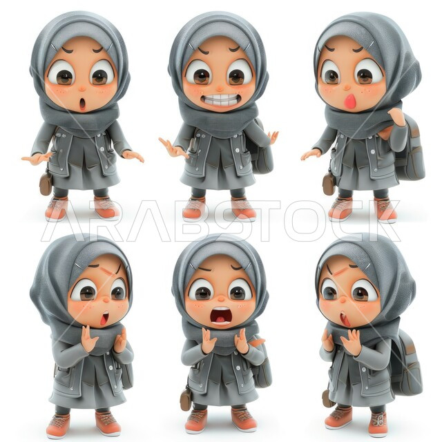 رسوم توضيحية ثلاثية الأبعاد لامرأة عربية خليجية سعودية محجبة بإيماءات مختلفة، تعابير وجه وجسد متعددة، خلفية بيضاء
