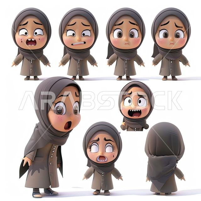 تعابير وجه وجسد متعددة، رسوم توضيحية ثلاثية الأبعاد لامرأة عربية خليجية سعودية محجبة بإيماءات مختلفة، خلفية بيضاء