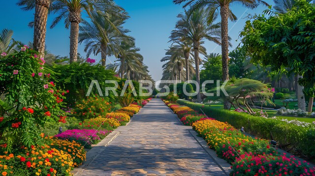 الاهتمام في زراعة الزهور المتفتحة والملونة و النباتات الخضراء, مفهوم التنزف والترفيه, المساحات الخضراء الواسعه في المملكه العربية السعودية, قضاء أوقات ممتعه في العطلة مع العائلة, ممشى مصمم من قطع الحجارة داخل حديقة في مدينة الرياض, خلفية الطبيعه