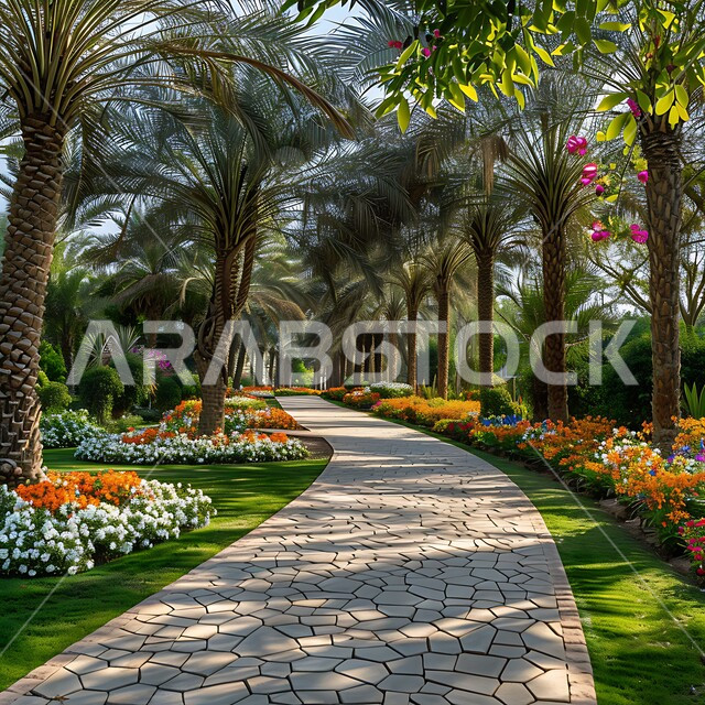 ممشى مصمم من قطع الحجارة داخل حديقة في مدينة الرياض, الاهتمام في زراعة الزهور المتفتحة والملونة و النباتات الخضراء, مفهوم التنزف والترفيه, المساحات الخضراء الواسعه في المملكه العربية السعودية, قضاء أوقات ممتعه في العطلة مع العائلة, خلفية الطبيعه