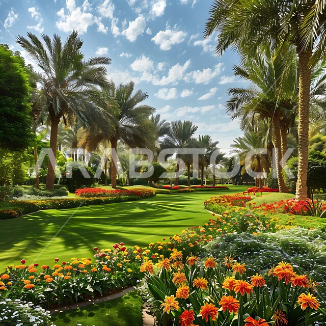 مفهوم التنزف والترفيه, الاستمتاع في الاجواء الربيعيه في العطلة مع العائلة, الاهتمام في زراعة الزهور المتفتحة والملونة و النباتات الخضراء داخل إحدى الحدائق في مدينة الرياض, المساحات الخضراء الواسعه في المملكه العربية السعودية,  خلفية الطبيعه