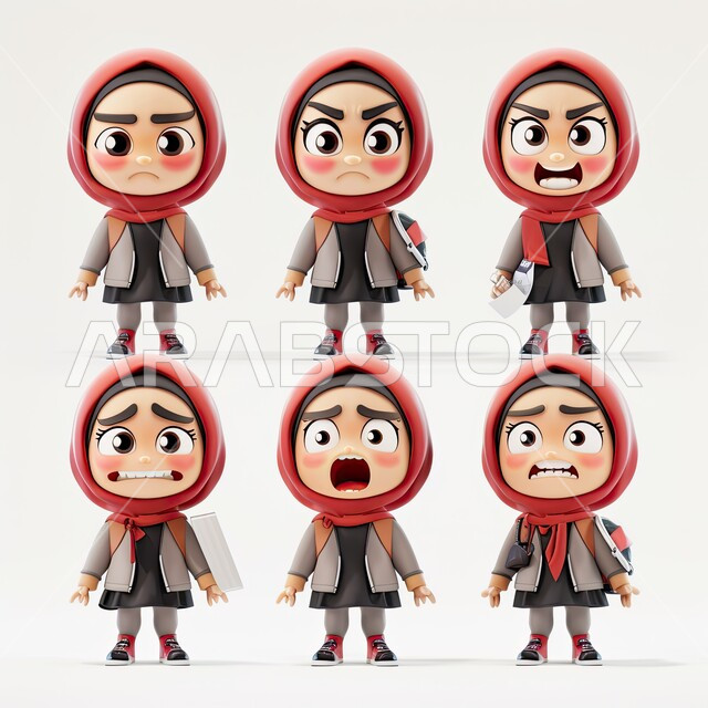 الاستعداد للذهاب إلى المدرسة، شخصيات ثري دي، إيماءات وحركات مختلفة، تعابير وجه وجسد متعددة، رسوم توضيحية ثلاثية الأبعاد لامرأة عربية خليجية سعودية محجبة تحمل على ظهرها الحقيبة المدرسية، خلفية بيضاء